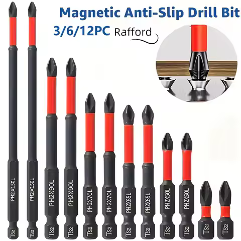 Magnetic Non-Slip Drill Bit Set 3/6/12 Pieces, S2 Steel, Crosshead and Impact Drill Bits, Suitable f