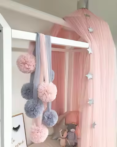 DIY kids room decoration pink bed curtain yarn decoration ball pattern to baby bedroom wall hanging 