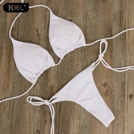 New* 2 Pcs/Set Bikini Set Solid Color Halter Neck Strap Thong Women Swimsuit Set for Beach
