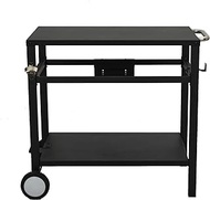 Grill Cart, Outdoor Barbecue Table, Outdoor BBQ Table with Rolling Wheels and Hooks, Double Shelves, Removable Steel Flat Top Work Surface, Hooks, Side Handles, Multifunctional Commercial