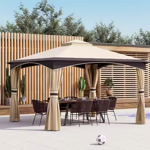 10' X 12' Outdoor Patio 2-Tier Roof Gazebo Canopy Steel Frame W/ Mesh Sidewalls