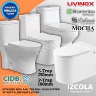 [Limit to 1 Unit Per Order] MOCHA LIVINOX One Piece WC Toilet Bowl S-Trap Wash Down Rimless Water Cl