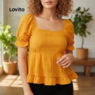 (trendy4)Lovito Boho Blouse Plain Ruffle Hem Summer/Spring Blouse for Women L132ED655