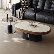 Ancient-style Bauhaus oval coffee table in travertine, modern living room furniture for small homes,