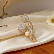 Premium Tulips Flower Leaf Brooch Full Diamond Brooch For Women Luxury Small Fragrance Flower Corsag