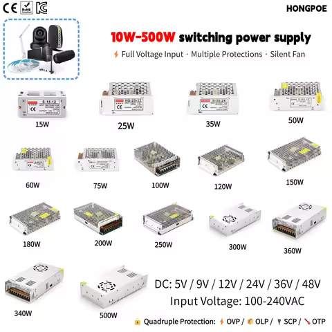 CE SMPS 10W-500W Output 5V 9V 12V 24V 36V 48VDC Input 100/240VAC power supply for LED strip lights, 