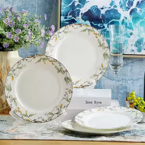 8 Inch, Fine Bone China Cake Plate, Ceramic Decorative Plate, Leaf Band Painting, White Porcelain Di