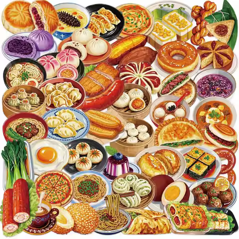 50PCS Transparent Chinese Food Sticker Pack - Waterproof PET for Scrapbooking Guitar Notebook Phone