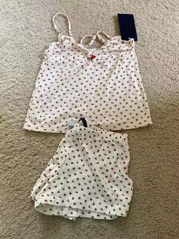 Red Floral Tank Shorts Pajama Set Women Bow V-neck Slim Camisole+eyelet Sweatshorts Summer Sweet Chi