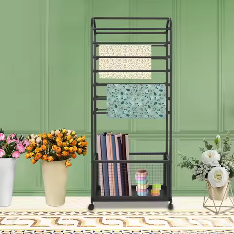 Rolling Ribbon Holder Organizer Rack 15 Rods Iron Ribbon Holder with Storage Basket for Wrapping Pap