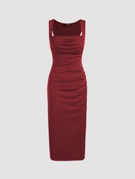 Cider Square Neck Ruched Sleeveless Midi Dress