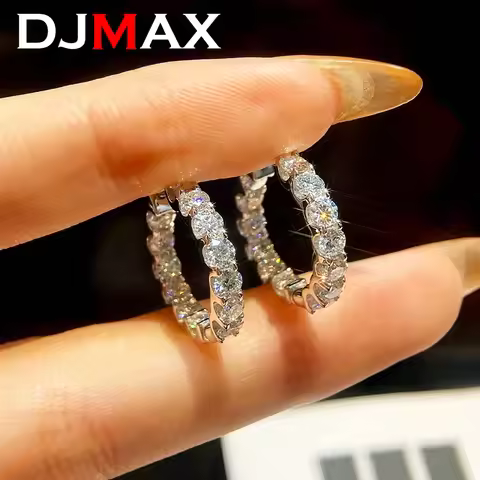 DJMAX Full Moissanite Diamond Earrings Hoop for Women Original 925 Sterling Silver Classic Lady's Mo