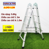 Thang nhôm gấp khóa sập tự động Nakata Chiều cao chữ A từ 1m5 đến 2.5m Chiều cao duỗi thẳng từ 3m đế