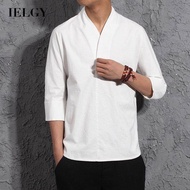 IELGY casual retro cotton and linen short-sleeved v-neck T-shirt for men