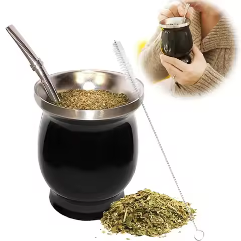 Stainless Steel Yerba Mate Cup Argentine Yerba Mate Gourd with Bombillas and Cleaning Brush Double W