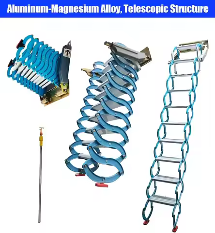Folding Loft Ladder, 9.8 ft Wall Mounted Telescopic Folding Attic Ladder, Al-Mg Alloy Pull Down Atti