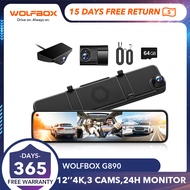 WOLFBOX G890 12" 3 Channel Rear View Mirror Camera, 2K Triple Mirror Dash Cam, 4K UHD Dash Cam Mirror Front and Rear with Hardwire Kit, Touch Screen Backup Camera with Motion Detection, GPS&amp;64GB Card,Car Camera