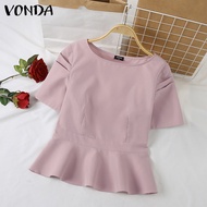 VONDA เสื้อสตรีแบบจีบเสื้อสตรีคอกลมเอวสวยหรูเสื้อสีพื้น (ลำลองเกาหลี) #2
