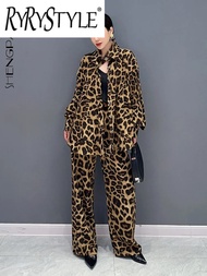 ชุดเสื้อกระดุมแถวเดียวคอปกรูปวาดเสือดาวแฟชั่น2ชิ้น5R5164กางกางลำลองทรงตรงฤดูใบไม้ผลิแบบใหม่