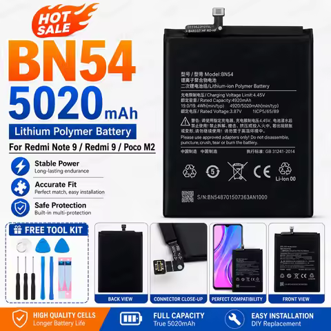 2026 Years BN54 Replacement Battery for Xiaomi Redmi Note 9 5G/Note9/Redmi 9/Redmi 10X 4G Long Lasti