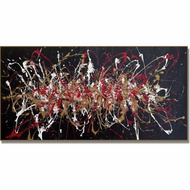 大型抽象表現主義滴水藝術紅色和金色油漆濺在黑色上