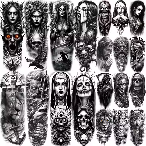 1 Sheet Full Arm Evil Witch Vampire Temporary Tattoos Sleeve Halloween Scary Skull Tatoo Waterproof 