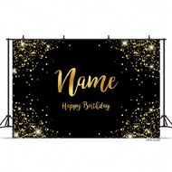 (Customized) 1pc Custom Name Black & Gold Glitter Decor Photography Backdrop, Polyester Material Ban