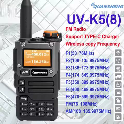 Quansheng UV-K5(8) Walkie Talkie 5W Air Band Radio Type C VHF FM Scrambler NOAA Wireless Copy Freque