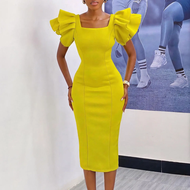 D3282 Amazon Cross-borderเสื้อผ้าผู้หญิงElegantเดินทางสแควร์คอLotusแขนSocialiteสไตล์พรรคชุดการค้าชุด