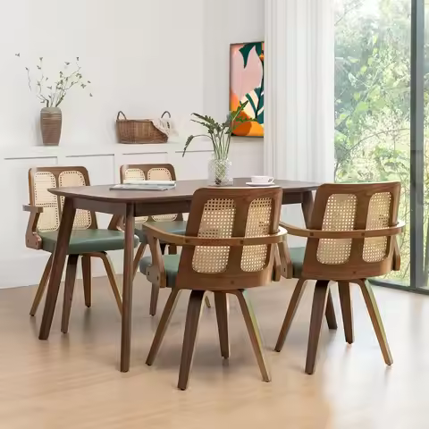 Walnut Dining Chairs - Swivel Rattan Dining Chairs with Bentwood Frame with Ergonomic Cane Back, Cur