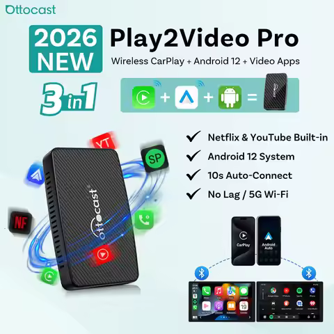 Ottocast Play2Video Pro Wireless CarPlay Android Auto All-in-one Adapter Built-in 5 Video App Suppor