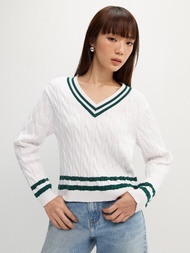 [Pomelo] เสื้อสเวตเตอร์ไหมพรมลายถักแต่งดีเทลตัดขอบ / Contrast Stripe Cable Knit Sweater