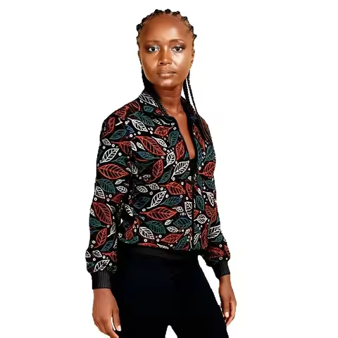 African Couture Leaves Pattern Women's Zipper Jacket Fashion Long Sleeve Lapel Collar Loose Fit Anka
