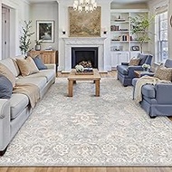 7x9 Blue Cream Washable Area Rug for Living Room Bedroom Neutral Floral Soft Non Slip Rug Low Pile D