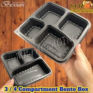 Benxon 3 / 4 Compartment Black Container With Lid ( 50sets± ) Disposable Plastic PP Lunch Food Box -