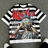 Men's Black And White Striped Statue Of Liberty Dollar Bill Graffiti Print Tee,Summer Streetwear Ret