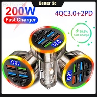 6 in 1 200W Fast Charging car adapter charger 4USB+2PD Colorful light multi ports phone charger with