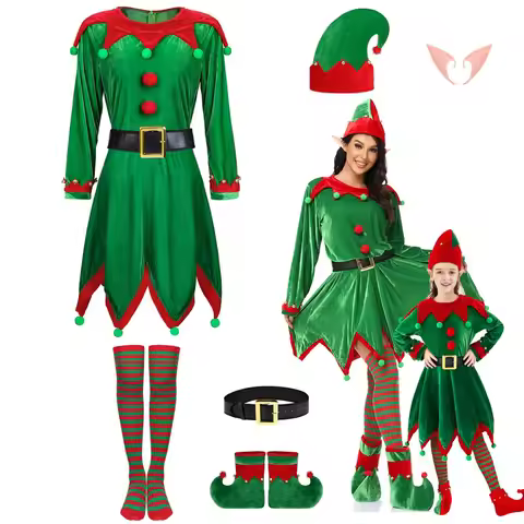 6 Pack Christmas Elf Costume Velvet Green Girl Fancy Dress Santas Little Helper Parent-Child Christm