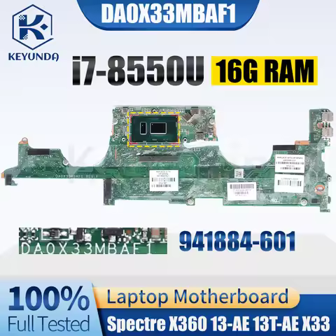 DA0X33MBAF1 For HP Spectre X360 13-AE 13T-AE X33 Notebook Mainboard SR3LC i7-8550U 16G RAM 941884-60
