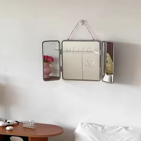 Square Minimalist Metal Trifold Mirror Stainless Steel Wall Mounted Mirror Bathroom Dressing Tableto