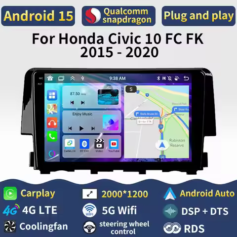 Android 15 Carplay For Honda Civic 10 FC FK 2015 - 2020 BT Player 4G LTE Navigation Stereo Car Radio