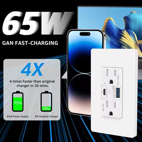PD3.0 65W Type C Outlet Fast Charging USB-C Charger 15 Amp Receptacle Plug Electrical USB Socket Cha