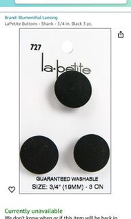 1.9 cm黑色包扣布質鈕扣0.75 inch Black Button La Petite