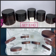 COMBO of 5 BROWN plastic jars with BLACK lids 200g 100g (WITH LINING) - SET of 5 large TRANSPARENT p