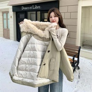 POEMPURE | เสื้อพาร์กาขนสัตว์ฮู้ดสี Kaki สำหรับผู้หญิงฤดูหนาว