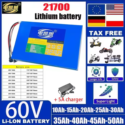 New 21700 Li-ion Battery Pack 60V 50Ah 45Ah 40Ah 35Ah 30Ah 25Ah 20Ah 15Ah 10Ah 50A BMS 3000W Electri