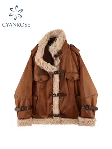 Women Brown Leather Jacket Coat Vintage 90s Motorcycle Jacket Fashion Streetwear Korean Vintage Over