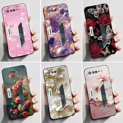 For Asus ROG 6 Case For ROG Phone 6 Pro / 6D Fashion Butterfly Flowers Bumper Soft Black Silicone Co