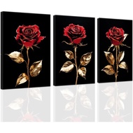 ZXHYWYM Rose Gold Wall Art Set of 3 Black and Gold Flower Painting Prints Red Rose Canvas Pictures F