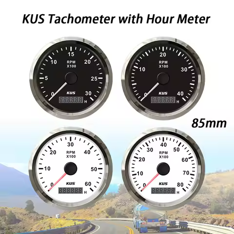 KUS Car Boat Universal 85mm Tachometer RPM Gauge Meter With Hour Meter 0-3000RPM 0-4000RPM 0-6000RPM
